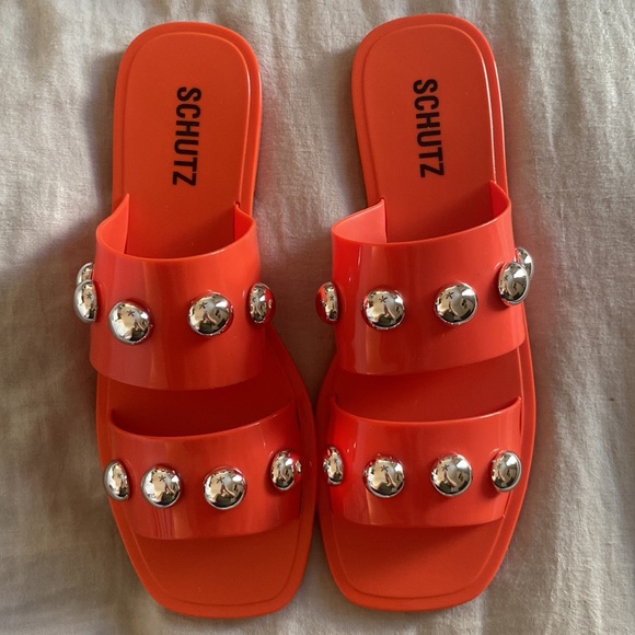 SCHUTZ Square Toe Lizzie Slide Studded Sandals Orange Silver Jelly Rubber New 10 - Picture 2 of 9